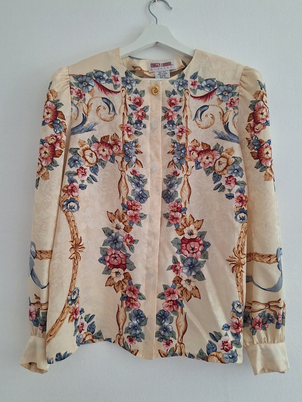 Maggy London Cream Floral Silk Blouse with Gold Button